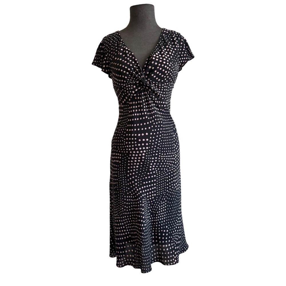 K & Company Polka Dot Twist Front Midi Dress Black Pink V-Neck Short Sleeve 8